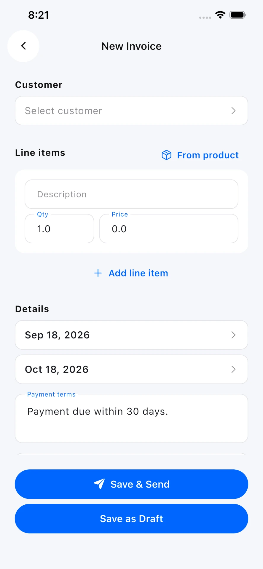 New Invoice screen with customer selection, line items and Save & Send