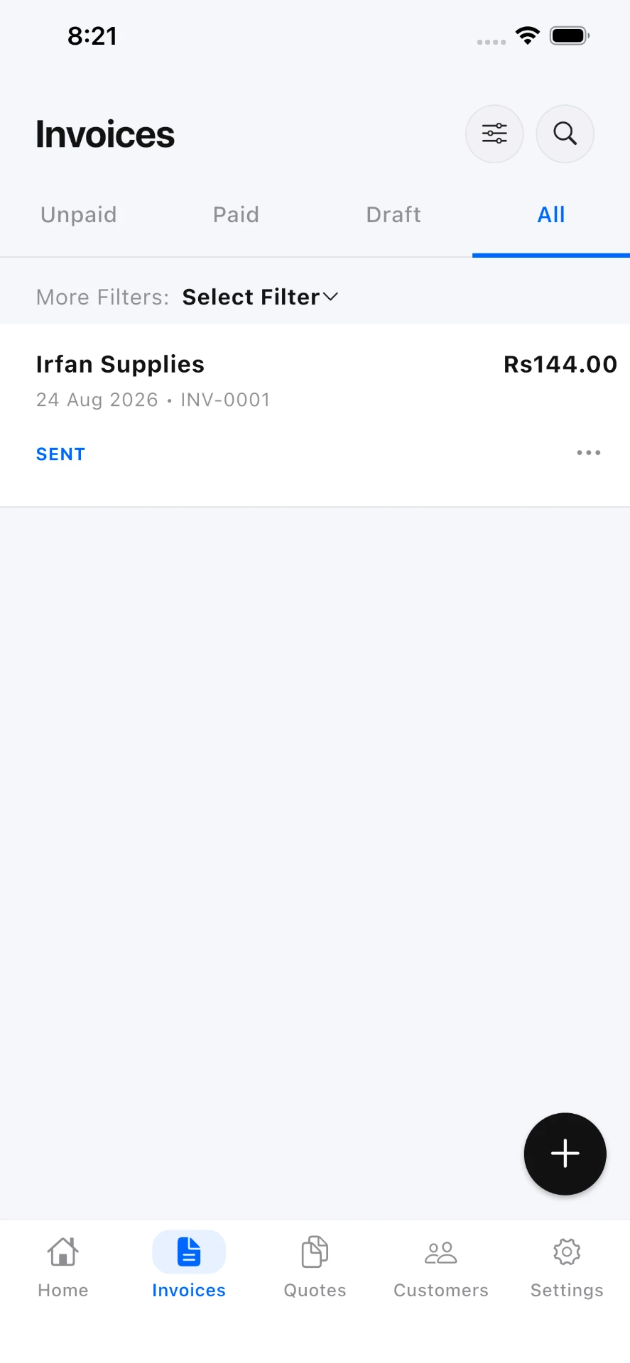 Invoices list with status filters and an invoice marked as sent