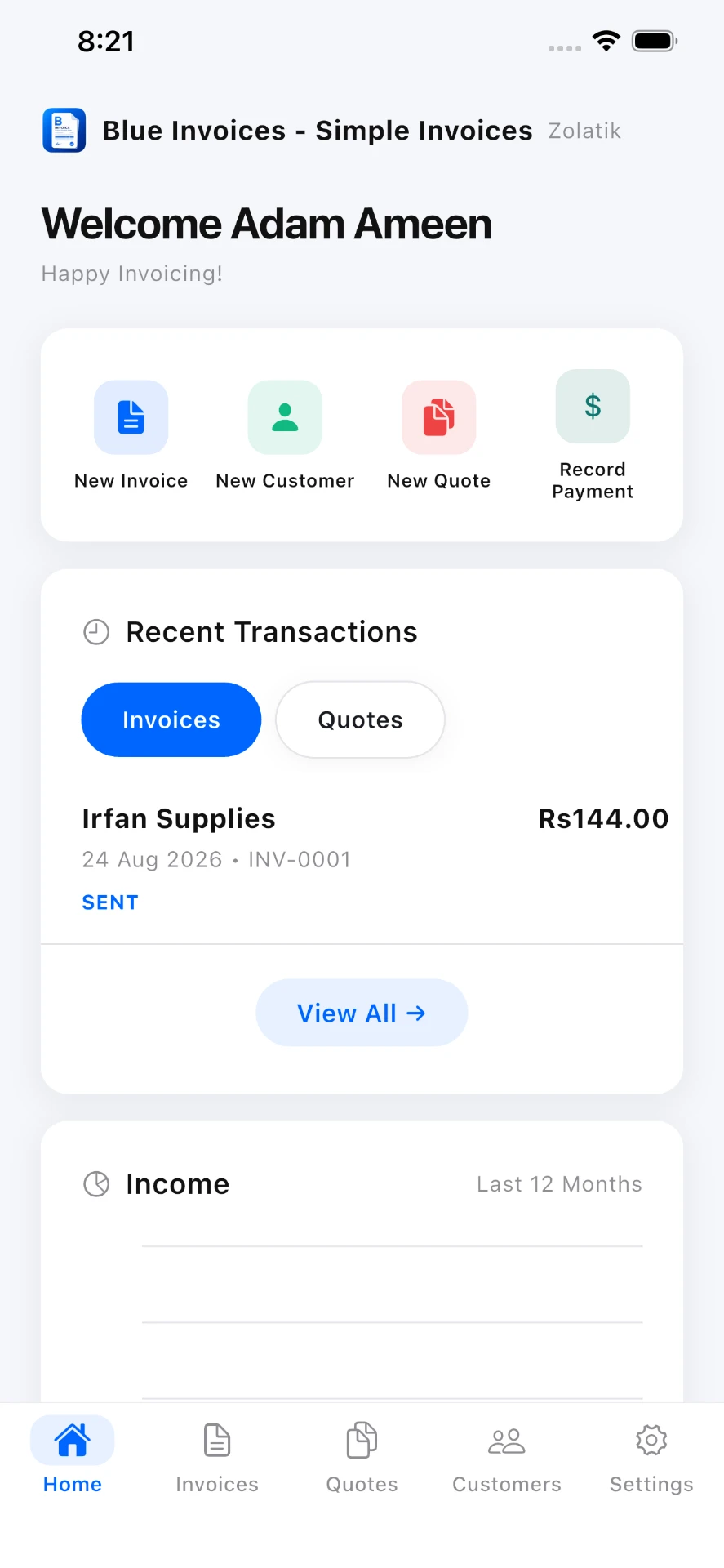 Blue Invoice dashboard showing quick actions, recent transactions and income overview