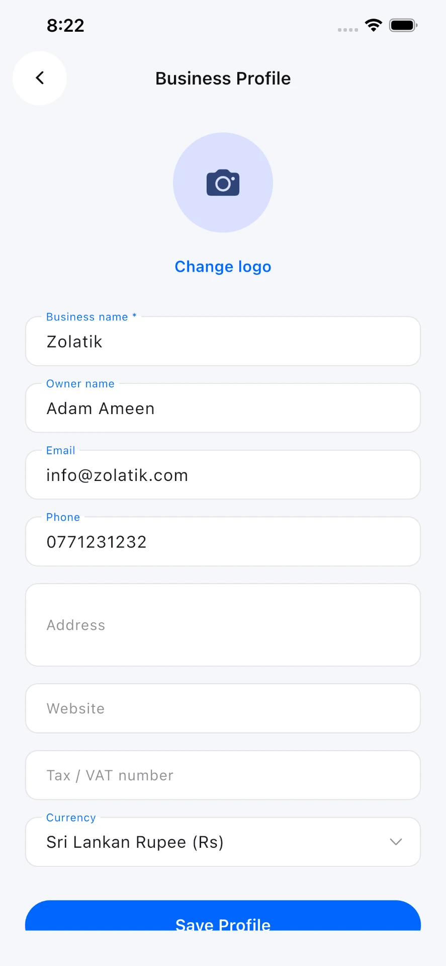 Business profile setup with logo, contact details and currency