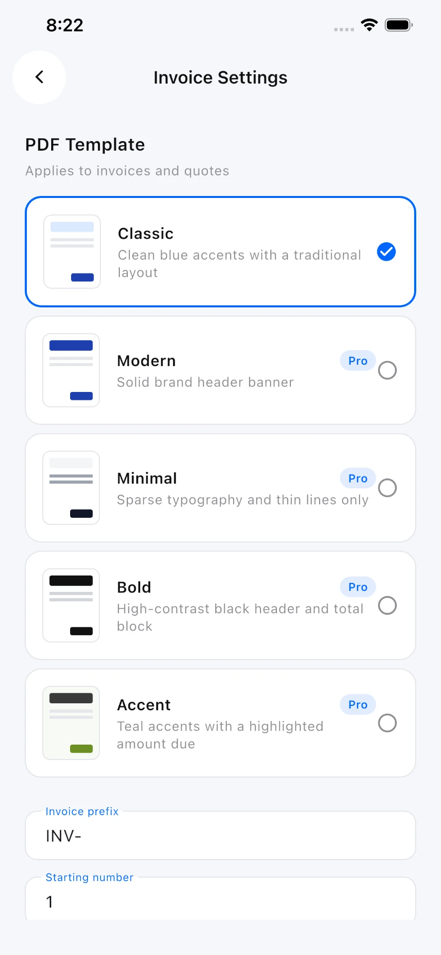 Invoice settings with Classic and Modern PDF template options